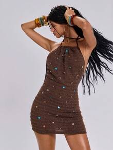ROMWE Country Spring/Summer Colorful Beaded Decor Y2K Backless Sheer Sexy Crochet Mini Dress For Women - Apricot - View 8