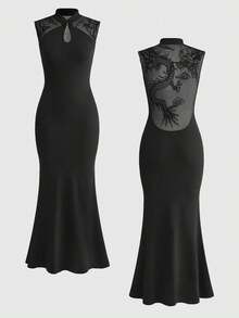 ROMWE Avant Dark Chinese Style Dragon Embroidery Backless Dress For Women - Black - View 6