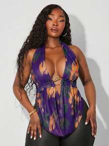 SHEIN SXY 大码女装春夏优雅性感日常百搭垂褶领露背吊带褶皱金属装饰上衣，适合日常穿着、西式服装、邮轮旅行、音乐节、演唱会等场合。 - 紫色 - 查看 6