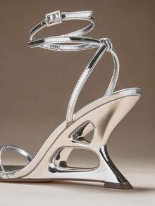 SHUZIA Women's Minimalist Sexy Ankle Strap Wedge Sandals - Silver - View 7