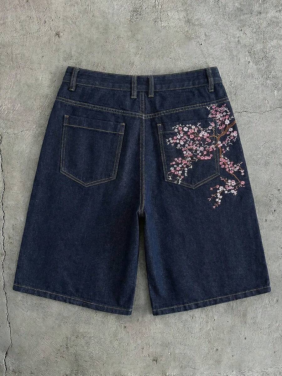 AXEPEAK Quần short denim nam in hoa, túi xéo, kiểu dáng thường ngày, đa năng. - Màu xanh lam - Xem 1