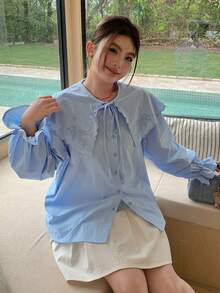 Dazy Plus Loose Fit Peter Pan Collar Embroidered Long Sleeve Blue Casual Blouse For Girls - Baby Blue - View 6