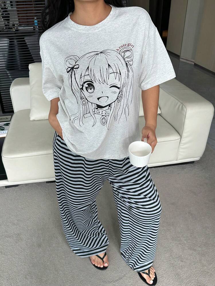Dazy Plus 2pcs Plus Size Women Cute Cartoon Print Loose Long Sleeve Top And Striped Long Pants Pajama Set, Spring/Autumn