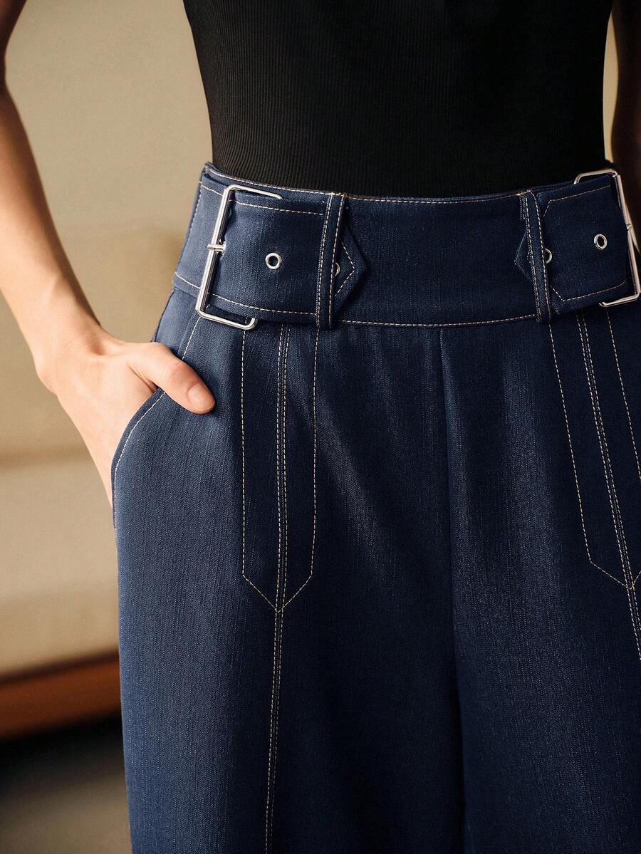 Anewsta 都市时尚休闲复古通勤学院风装饰高腰垂褶女裤 - 深色水洗藍 - 查看 1