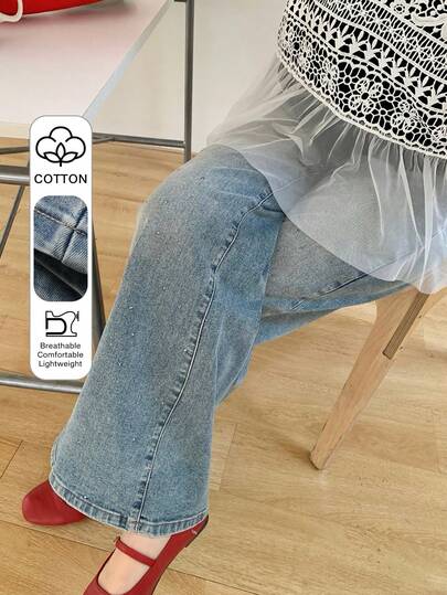 Dazy Plus 女士带口袋纽扣水洗弹力修身亮片装饰喇叭裤