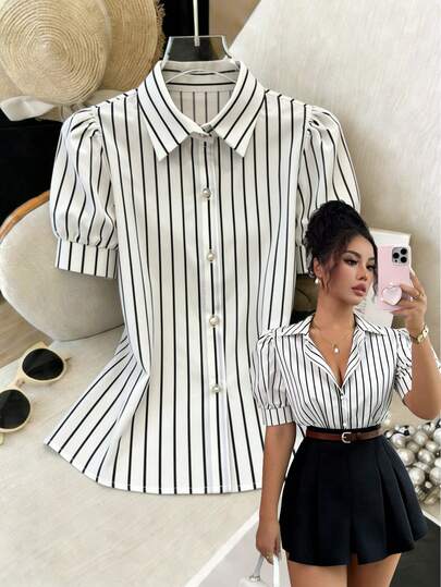 GlowEve Women's Striped Short Petal Sleeve Single-Breasted Casual Shirt