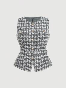 SHEIN MOD 大码女式千鸟格单排扣时尚百搭通勤轻便背心外套 - 黑與白 - 查看 7