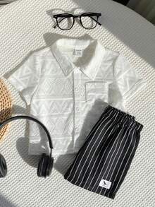 SHEIN 2pcs/Set Baby Boy Toddler Casual Vacation Style Polo Collar Shirt And Black Striped Shorts Set, Spring/Summer Baby Boy Clothes, Outfit Set - White - View 1