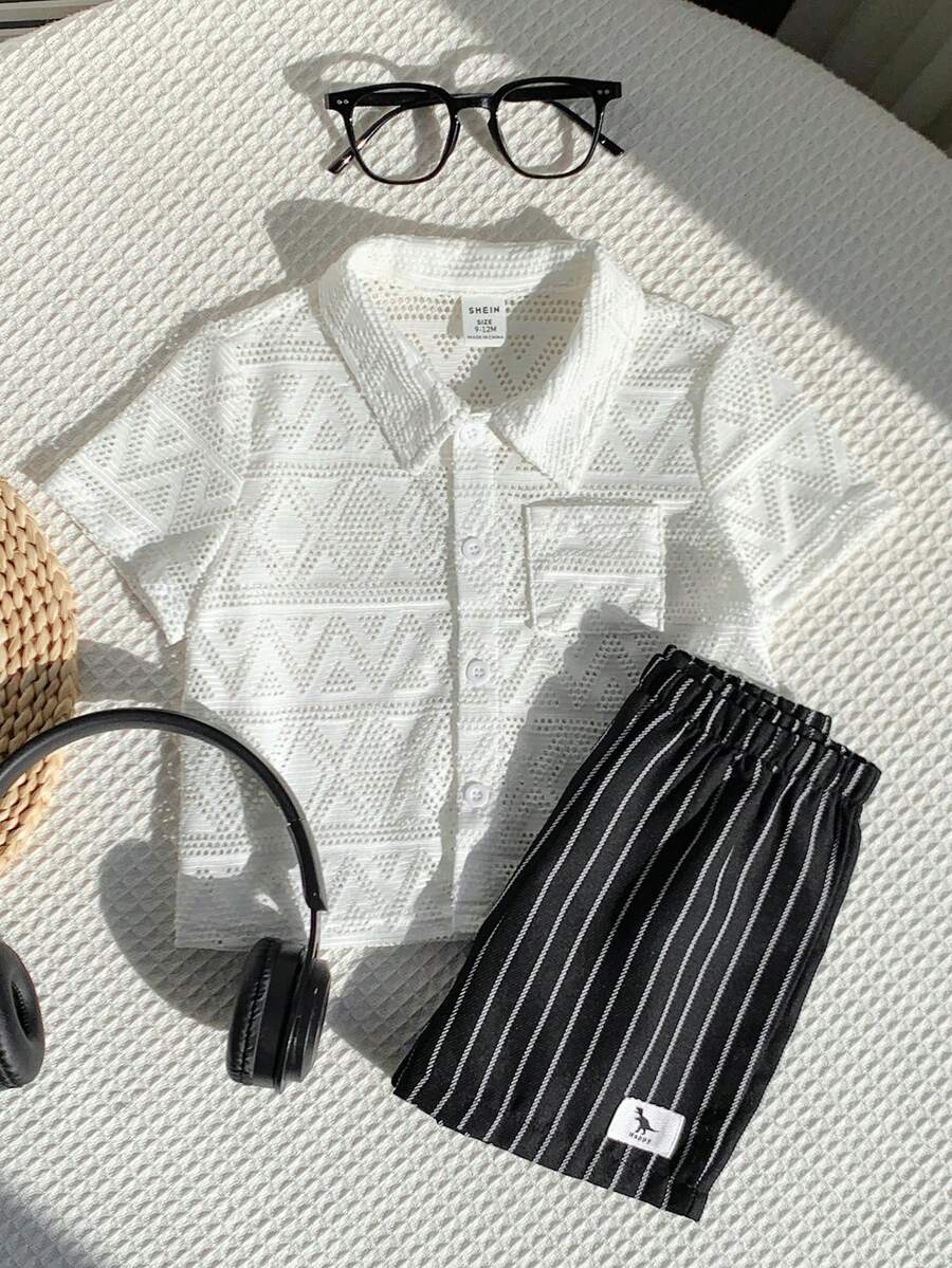 SHEIN 2pcs/Set Baby Boy Toddler Casual Vacation Style Polo Collar Shirt And Black Striped Shorts Set, Spring/Summer Baby Boy Clothes, Outfit Set - White - View 1