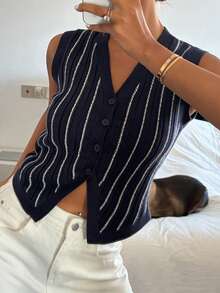 DAZY Áo vest dệt kim không tay cổ chữ V phối sọc tương phản, kiểu dáng thường ngày, thích hợp cho kỳ nghỉ, dành cho nữ. - Màu xanh lam - Xem 6