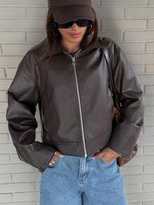 DAZY Women's Loose Fit Lapel PU Jacket, Suitable For Spring Outings And Autumn/Winter - Coffee Brown - View 6