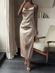 Livesso Đầm midi satin hai dây eo dành cho nữ - Màu Khaki - Xem 5