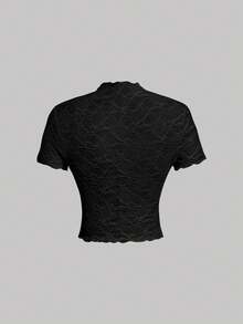 SHEIN MOD 白色蕾丝花卉提花针织薄纱女式T恤，梦幻浪漫，适合约会、派对、春夏装、春假、度假、野餐、节日、生日等场合。 - 黑與白 - 查看 8