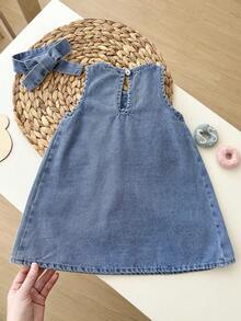 LMoss Kids Baby Girls' Floral Embroidered Blue Denim Sleeveless Loose Dress With Headband - Light Wash - View 2