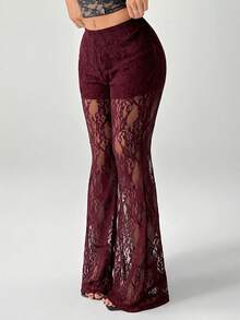 SHEIN PETITE Quần ống loe cạp cao bằng ren dành cho nữ, thích hợp cho kỳ nghỉ. - Màu Đỏ Sâu - Xem 2