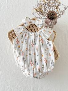 SHEIN Bộ áo liền quần cotton tay bồng cổ tròn dễ thương in họa tiết hoa và cỏ cho bé gái sơ sinh, có cúc bấm và băng đô, thích hợp cho các hoạt động mùa hè, cuối tuần ở công viên hoặc dã ngoại. - Nhiều màu - Xem 4