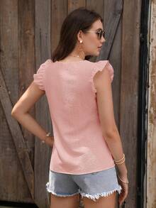 SHEIN Clasi 女士纯色纽扣设计V领短袖衬衫 - 粉色 - 查看 2