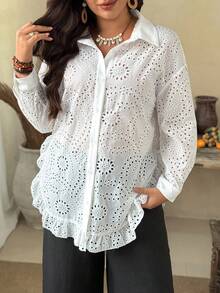 Vionelle 大码女式优雅弧形下摆宽松长袖衬衫，春夏大码衬衫 白色镂空上衣 镂空衬衫 白色长袖衬衫 镂空上衣 女式白色衬衫裙 白色牛仔连衣裙 白色连衣裙 长袖白色镂空连衣裙 白色西式连衣裙 居家办公装 女式上衣和衬衫 女士休闲连衣裙 游艇装 女士惊艳连衣裙 - 白色 - 查看 4