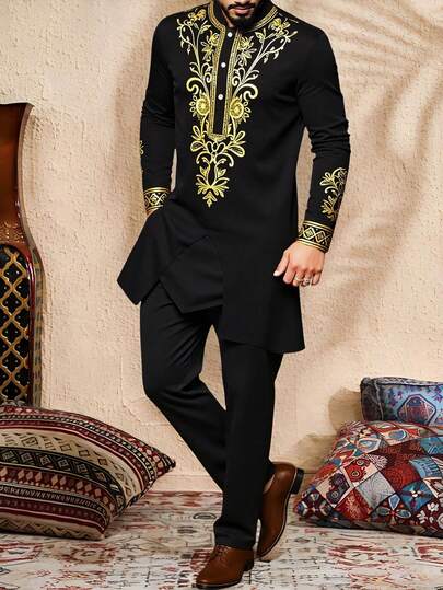 Manfinity Homme Plus Size Men's Middle Eastern Style Shirt Set, Boyfriend/Valentine's Day Gift Men Dashiki Suits Africa Shirt And Pants Suit Outfit Men Black And Gold Men Suit Men African Suit, Fall Clothes