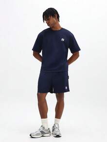 SUMWON Navy Blue Short Sleeve Crew Neck T-Shirt And Matching Shorts Two Piece Co-Ord Set With Varsity Number Print - Navy Blue - View 2