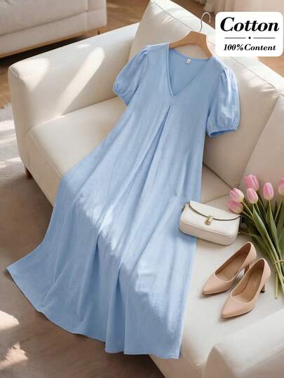Miaspire Light Blue 100% Cotton V Neck Puff Sleeve Loose Fit Midi Dress Elegant Casual Summer Beach Vacation Outfit Blue Dress Casual Dresses For Women Elegant Dresses For Women Summer Dresses For Women Beach Dresses For Women Vacation Dresses For Women Summer Outfits For Women,Summer Holiday Outfits,Summer Outfits For Women
