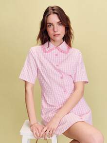 lacRébo 粉白格纹迷你衬衫裙，粉色刺绣领，可爱风格，春夏法式巴黎风情 - 彩色 - 查看 5