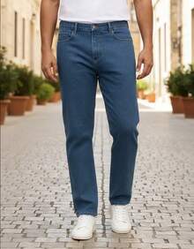 Jeans Hombre Corte Recto Rígido Mezclilla 5 Bolsillos Casual Clásico Para Uso Diario - Azul - Ver 2