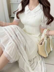 FRIFUL Women's Solid Color Patchwork Sheer Lace Ruffle Hem Fitted Casual Dress, Suitable For Spring And Summer Sundress - White - View 1