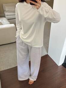 DAZY 2pcs/Set Women Loose Long Sleeve T-Shirt And Long Pants Pajama Set, Casual Spring Outfit - White - View 3