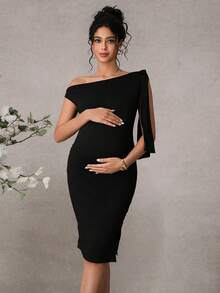 SHEIN Maternity Sexy Asymmetrical Shoulder Ruffle Bodycon Dress, Waist Cinching, Flattering Silhouette - Black - View 3