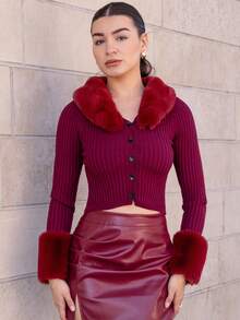 Andrea Bello 羊羔绒领毛边袖紧身黑色长袖开衫，秋冬季长袖上衣 - 酒紅色 - 查看 3