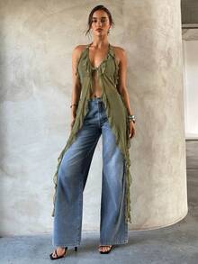 Aloruh Blusa de mujer con cuello halter de gasa sexy - Verde - Ver 3