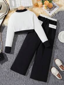2 件套女孩都市优雅通勤贵族奢华黑白撞色夹克和通勤长裤套装 - 黑與白 - 查看 2
