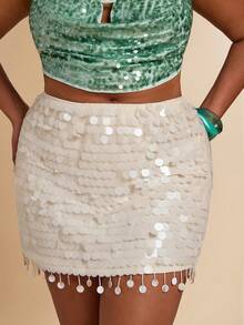 SHEIN BAE Plus Size Women's Semi-Sheer Beach Vacation Crochet Beaded Skirt - White - View 7