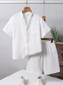 SHEIN 两件套男童纯色圆领短袖开衫和松紧腰短裤套装，适合通勤、上学、休闲外出、运动、春夏穿着。 - 白色 - 查看 5