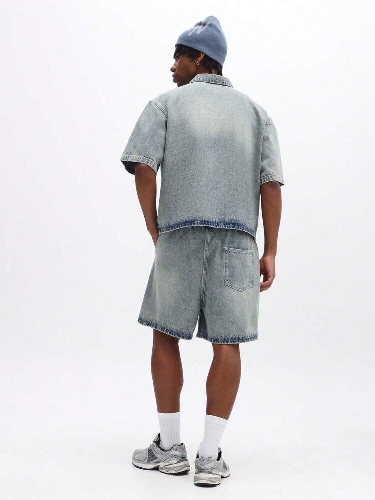 Conjunto de Camisa Polo e Shorts Denim Coordenado, Conjunto Combinando, Lavagem Clara Desbotada, Estilo Vintage, Casual de Verão Masculino