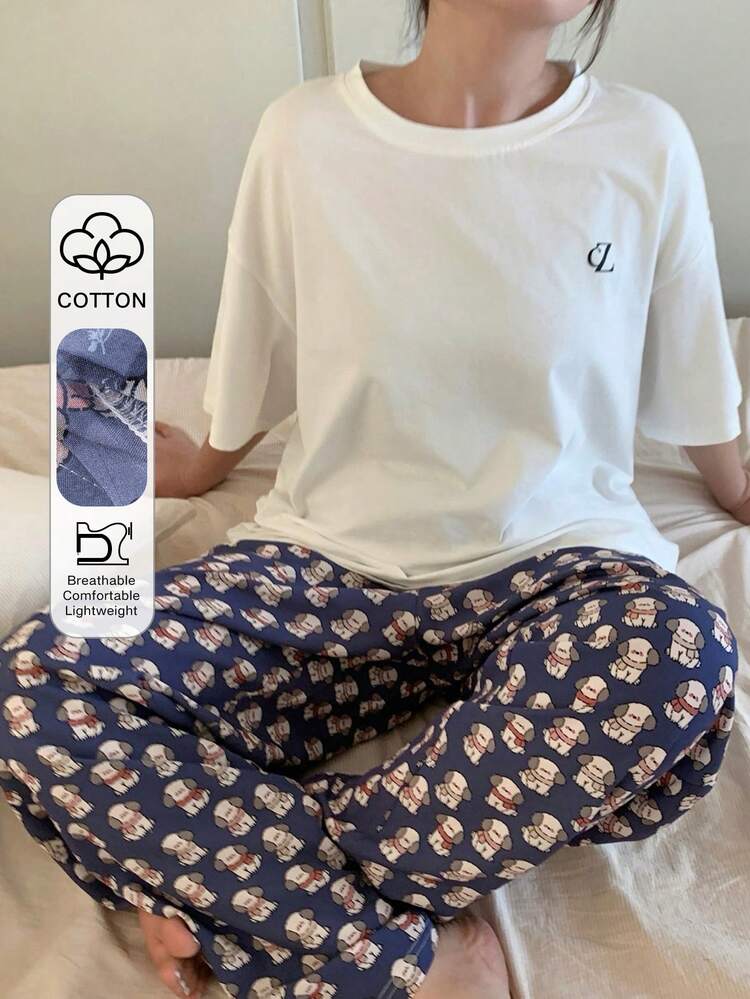 Dazy Plus 2pcs Plus Size Women Ditsy Floral Loose Fit Short Sleeve Top And Pants Pajama Set, Spring/Summer