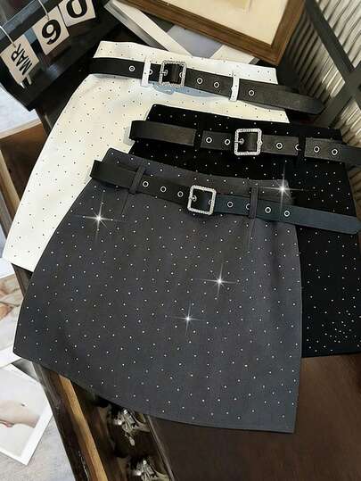 Franclia Gonna corta casual, da tutti i giorni, da festa, per il pendolarismo, per il pomeriggio, grigia con strass luccicanti, adatta per la primavera/estate