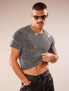 FeverCity Men's Shiny Slim Fit Cropped T-Shirt, Summer - Silver - View 1