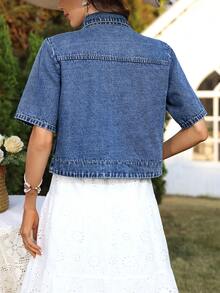 SHEIN Tall Women's Short Sleeve Single-Breasted Casual Pocket Denim Shirt, Tall Women - Blue - View 4