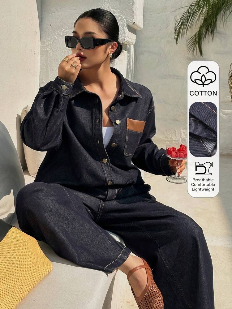 Dazy Plus Plus Size Women Casual Vintage Blue Denim 2 Piece Set, Loose Contrast Color Block Pocket Shirt Top And Wide Leg Long Jeans Pants