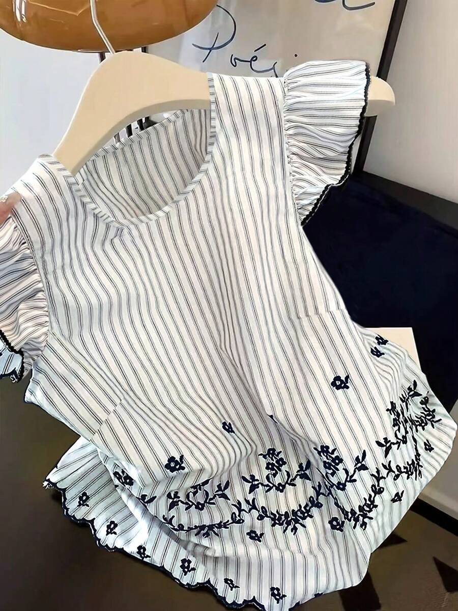 SHEIN LUNE CURVE 大码休闲通勤衬衫，带刺绣喇叭袖 - 藍色 - 查看 1