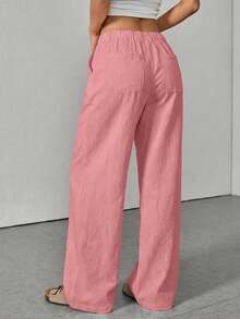 Washed Cotton Casual Solid Color Low-Waist Straight Leg Pants - Pink - View 2