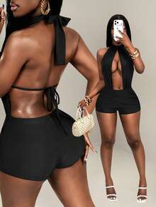 BamGleam Women's Fashionable Sexy Hollow-Out Backless Halter Neck Romper Unitard For Summer - Black - View 7