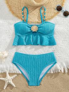 SHEIN Sparklyn Summer Beach Vacation Cute Solid Color 2pcs Swimwear Set For Young Girl - Blue - View 5