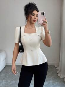 Selianne Chemise à manches courtes plissée à boutons, couleur unie, à la mode et polyvalente pour femme, idéale au quotidien. - Nude - Voir 1
