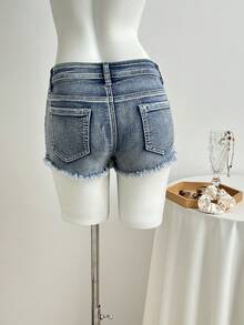 Elamini Y2K 时尚休闲复古水洗低腰牛仔短裤 - 中等水洗藍 - 查看 2