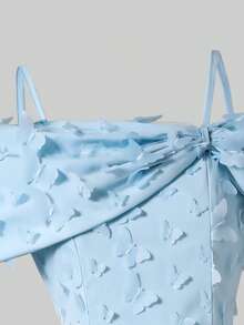 SHEIN Đầm xòe trễ vai thắt eo, nơ dành cho thiếu nữ, thích hợp dự tiệc. - Màu xanh lam - Xem 4