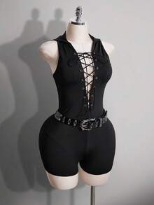 SHEIN ICON Bộ áo liền quần không tay có mũ trùm đầu dành cho nữ cỡ lớn với dây đeo chéo. - màu đen - Xem 7