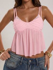 SHEIN BAE Damen Frühling/Sommer Spitzenbesatz gerafftes A-Linien Trägerhemd, sexy & süßes Trägerhemd, niedliches Trägerhemd, Y2K Trägerhemd, Urlaubs Trägerhemd, geeignet für Strand, Lässig Unternehmungen - Babypink - Übersicht 7